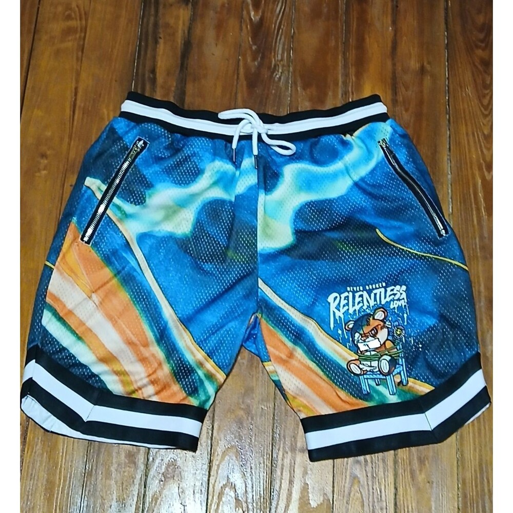 RS1NE Men's Mesh Basketball Shorts with Graphic Design Zippered Pockets Medium